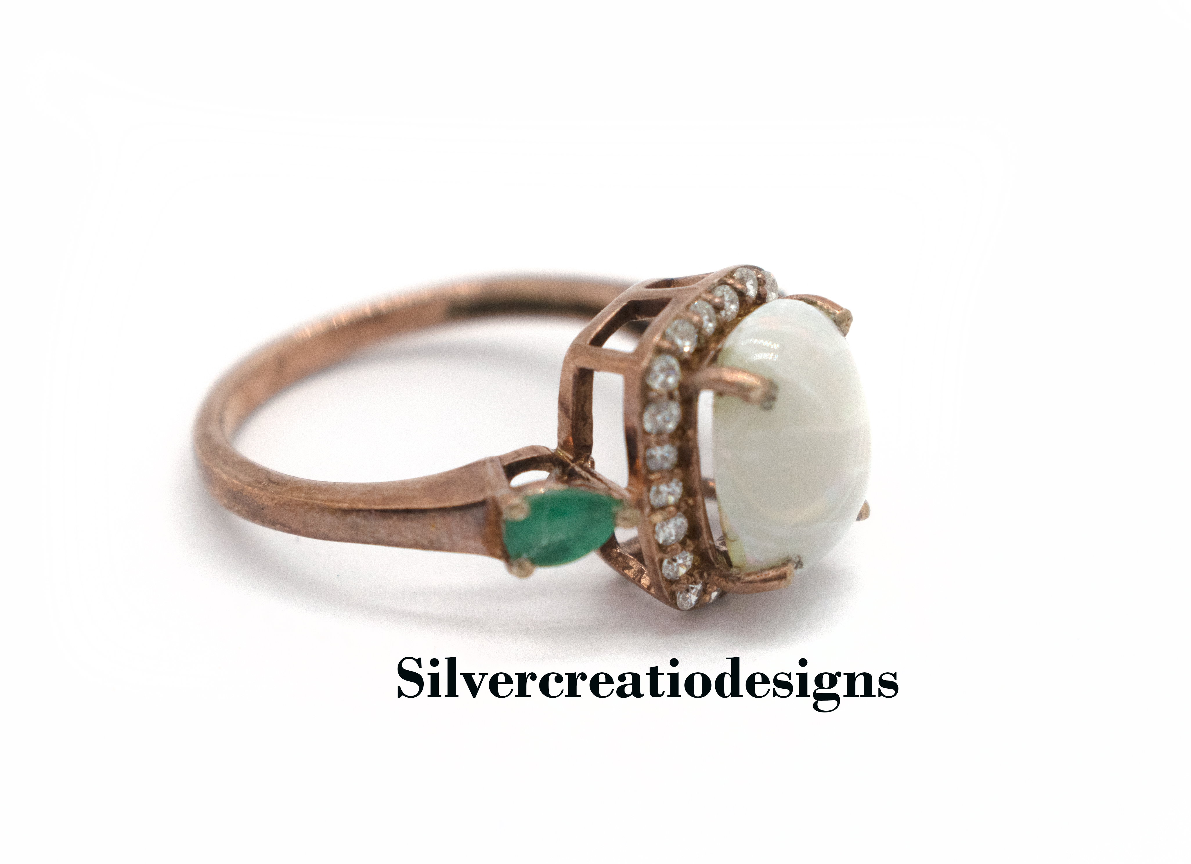 Sterling Silver Rose Gold Plated Opal & Emerald Statement Ring, Dainty Moissanite Promise Ring, Perfect Wedding Jewelry, Anniversary Gift for Wife