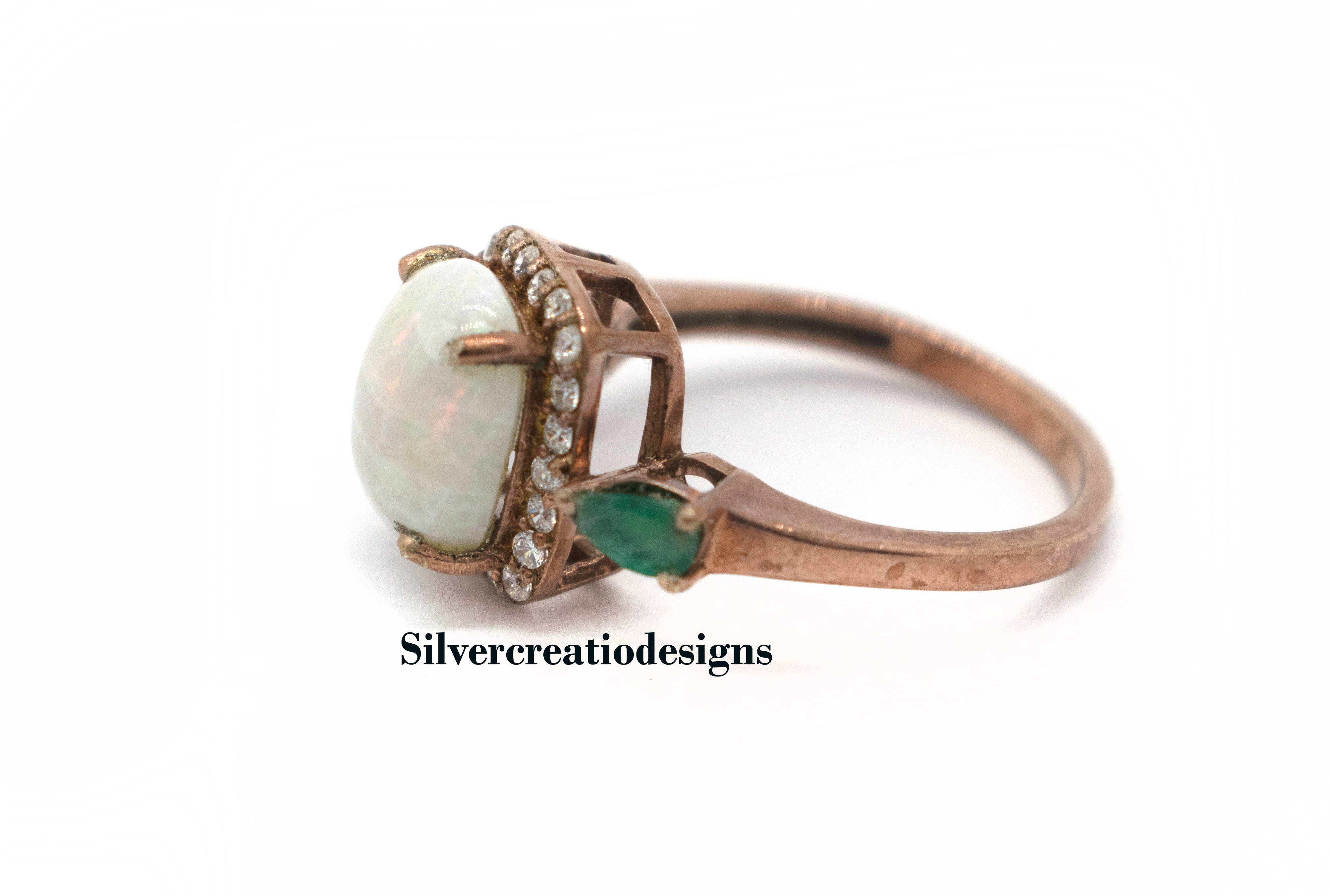 Sterling Silver Rose Gold Plated Opal & Emerald Statement Ring, Dainty Moissanite Promise Ring, Perfect Wedding Jewelry, Anniversary Gift for Wife