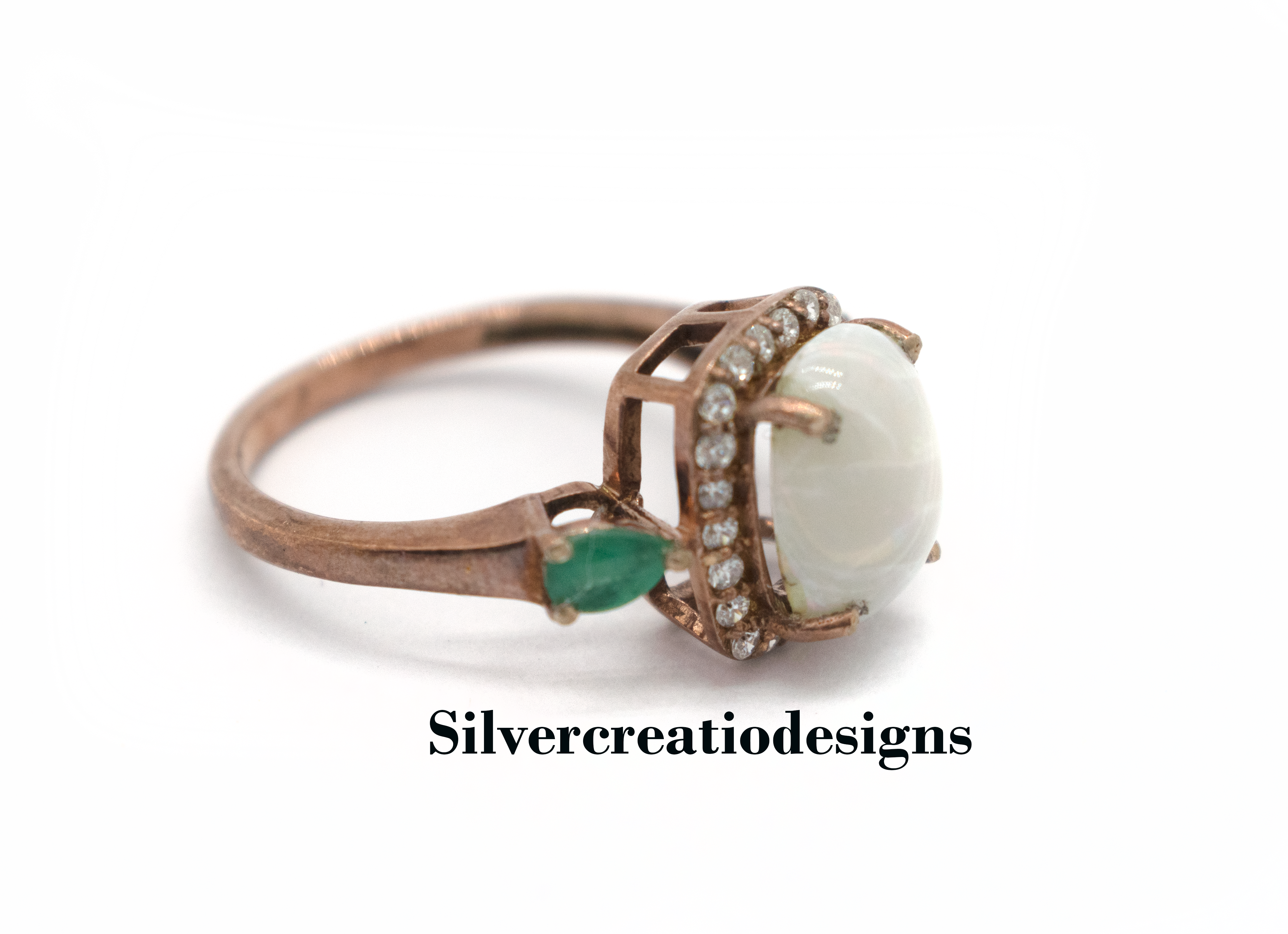 Sterling Silver Rose Gold Plated Opal & Emerald Statement Ring, Dainty Moissanite Promise Ring, Perfect Wedding Jewelry, Anniversary Gift for Wife