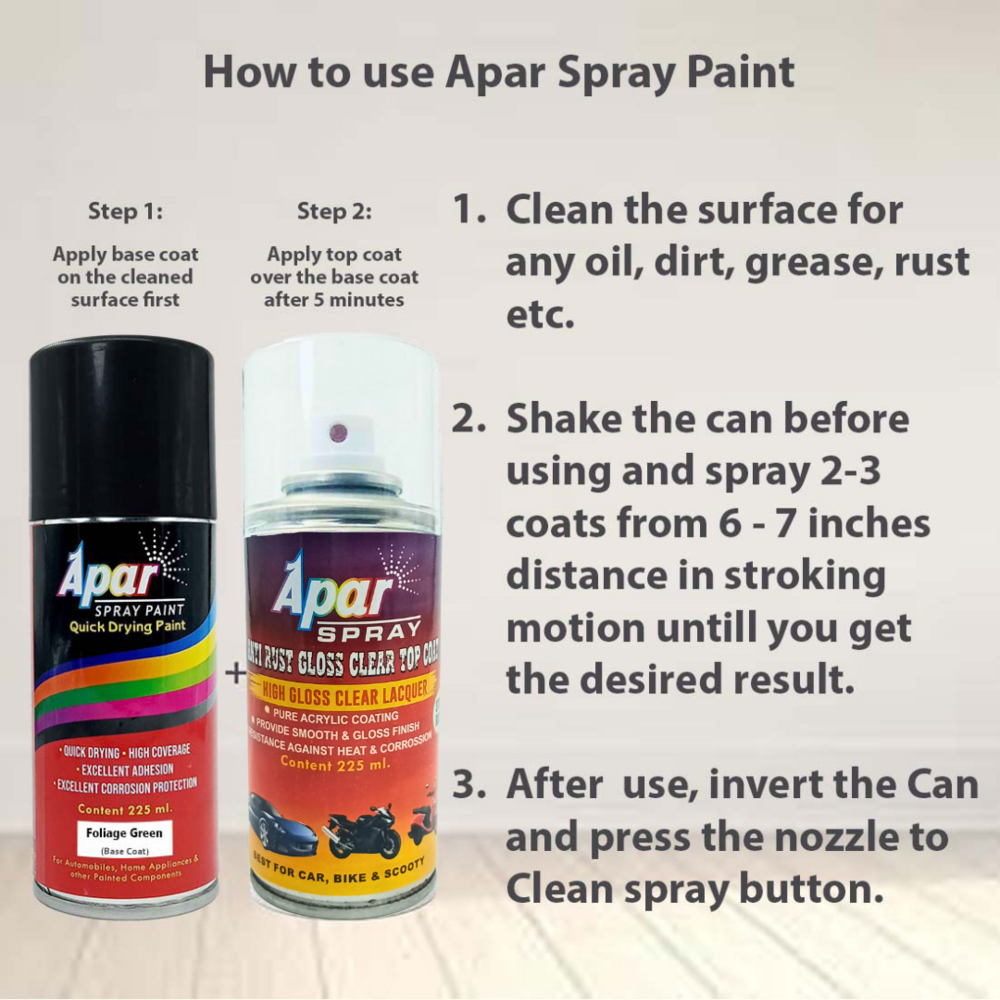 Apar Spray Paint Foliage Green + Gloss Clear - 225 Ml Combo 2-pack | Polyurethane, High Gloss Finish, Corrosion Resistance, Fast-drying
