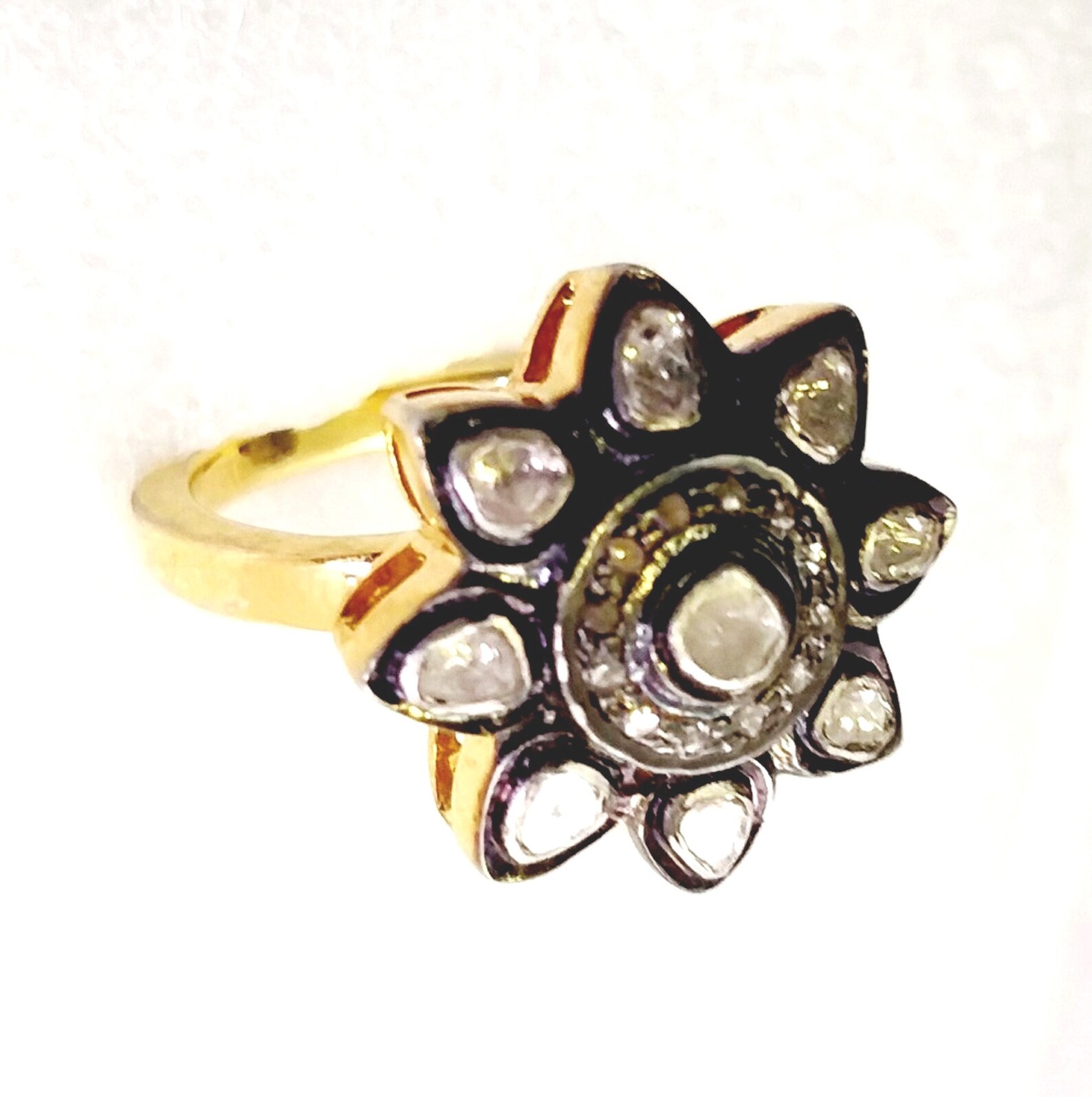925 Sterling Silver Uncut Polki Diamond Statement Ring, Antique Handmade Polki Jewelry, Unique Vintage Cocktail Ring