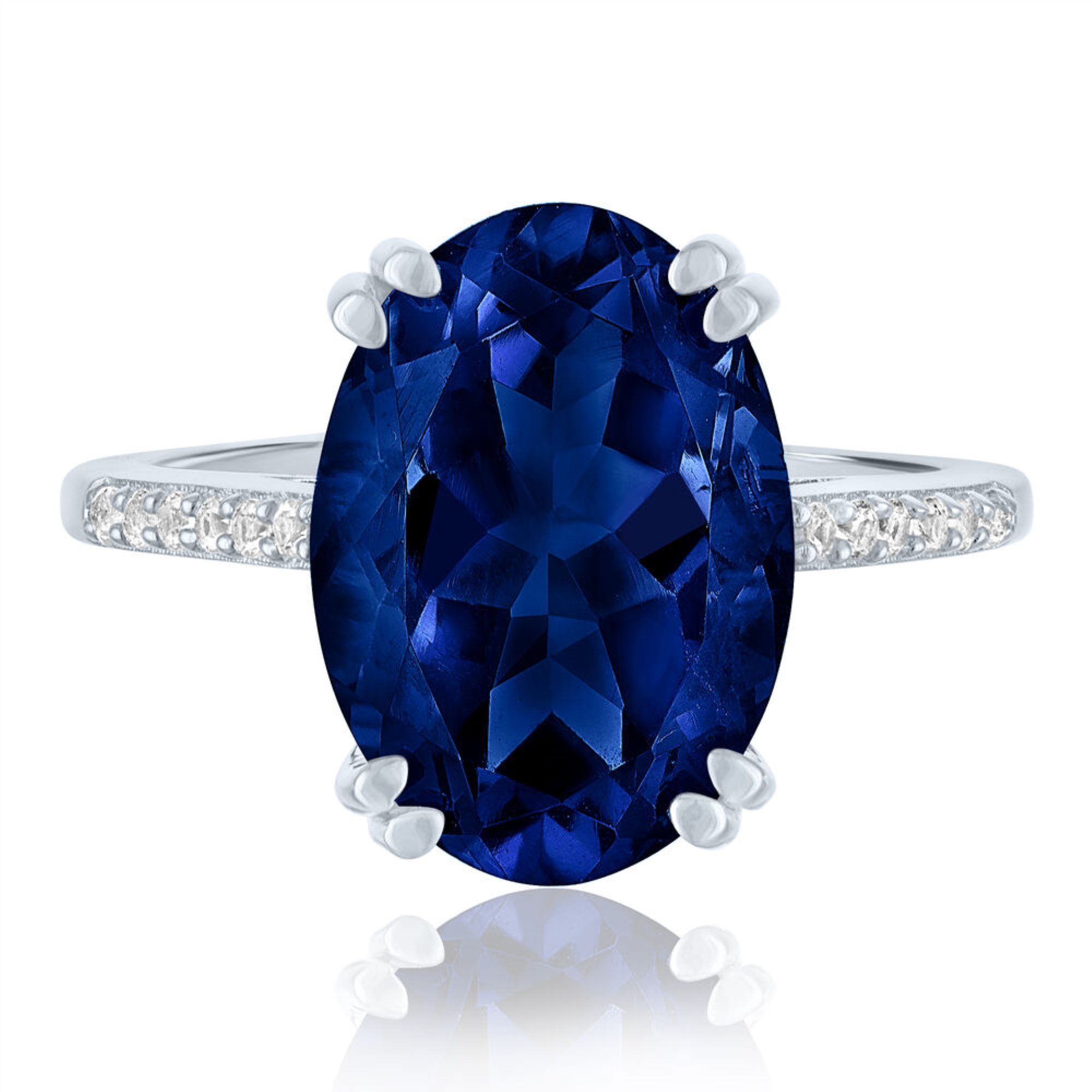 Lab Grown Blue Sapphire & Moissanite Statement Ring, Oval Cut Prong Set Promise Ring, Wedding Engagement Jewelry, Gifts for Wife