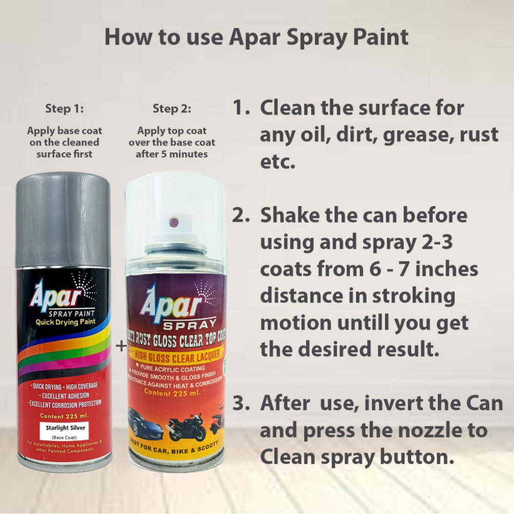 Apar Spray Paint Starlight Silver (Rc Colour Name) + Gc Compatible For Tata Safari, Harrier, Punch - 225 Ml (Pack Of 2) - Polyurethane, Fast-drying, Corrosion Resistant, High Gloss Finish