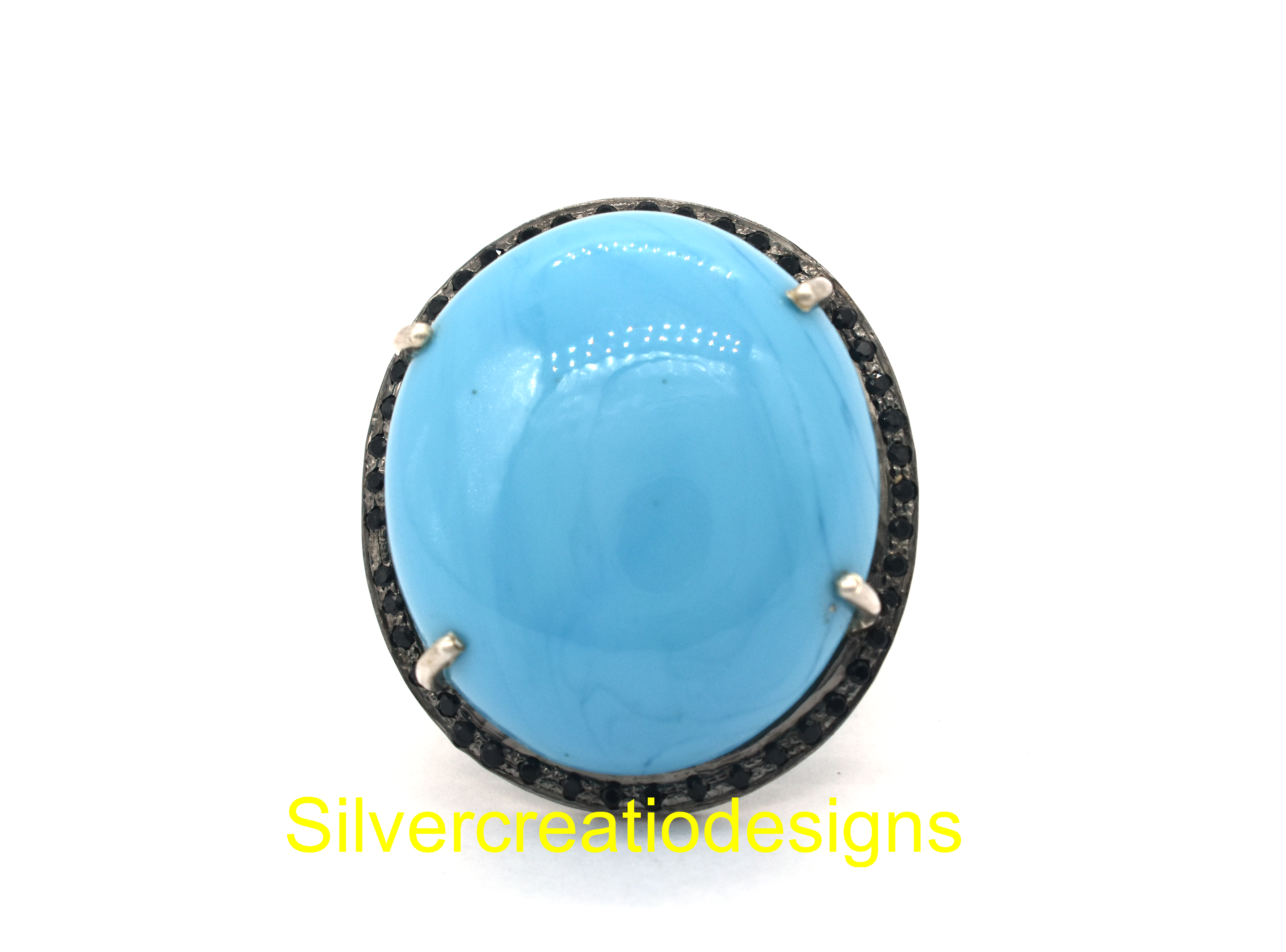 Sterling Silver Black Spinal & Turquoise Statement Ring - Color: Blue