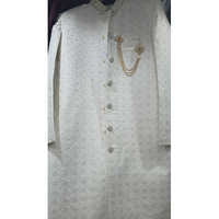 White Wedding Sherwani - Cotton Material, Customized Size , Elegant Long Sleeves, Washable Design