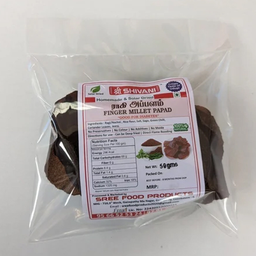 1000 g Finger Millet Papad - Ragi/Nachni, Rice Flour, Sago | Brown Color, Salty & Spicy Flavors, Shelf Life: 9 Months, Size: 50 g