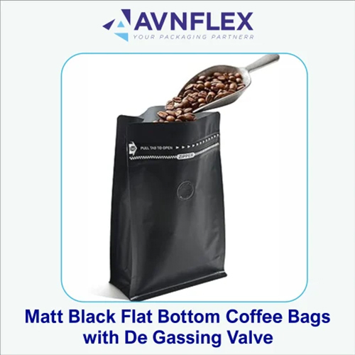 Matt Black Flat Bottom Coffee Bags With De Gassing Valve - Material: Plastic