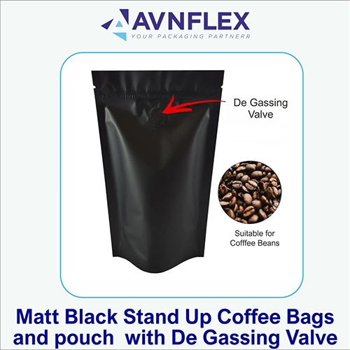 Matt Black Stand Up Coffee Bags And Pouch With De Gassing Valve