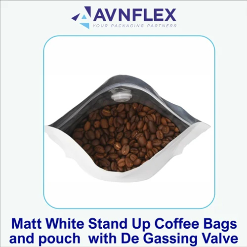 Matt White Stand Up Coffee Bags And Pouch With De Gassing Valve