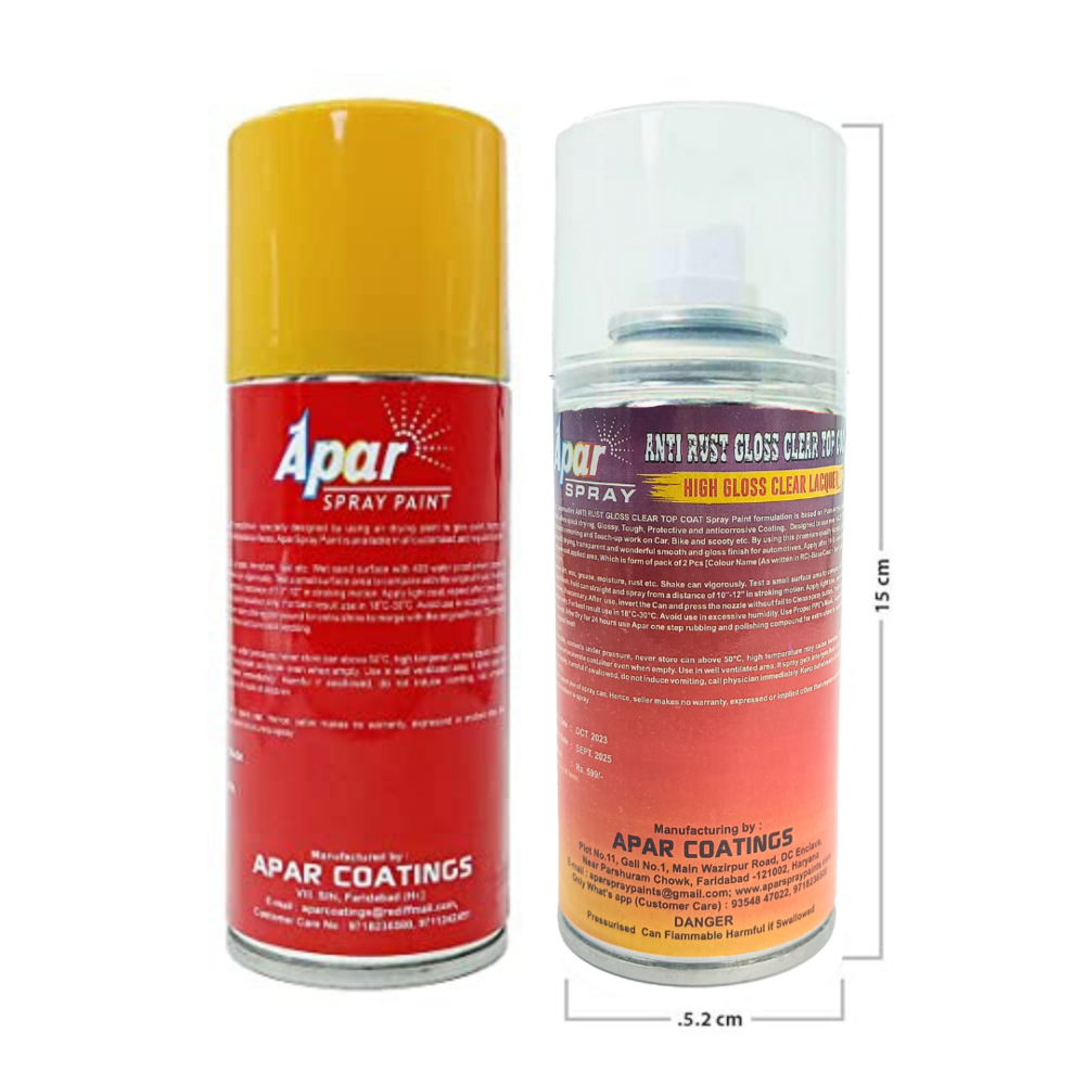 Apar Spray Paint - Super Quality Polyurethane System | Fiery Yellow Base Coat & Gloss Clear Top Coat, Fast-drying, Corrosion Resistant, Excellent Coverage For Maruti Suzuki Automotive Vehicles