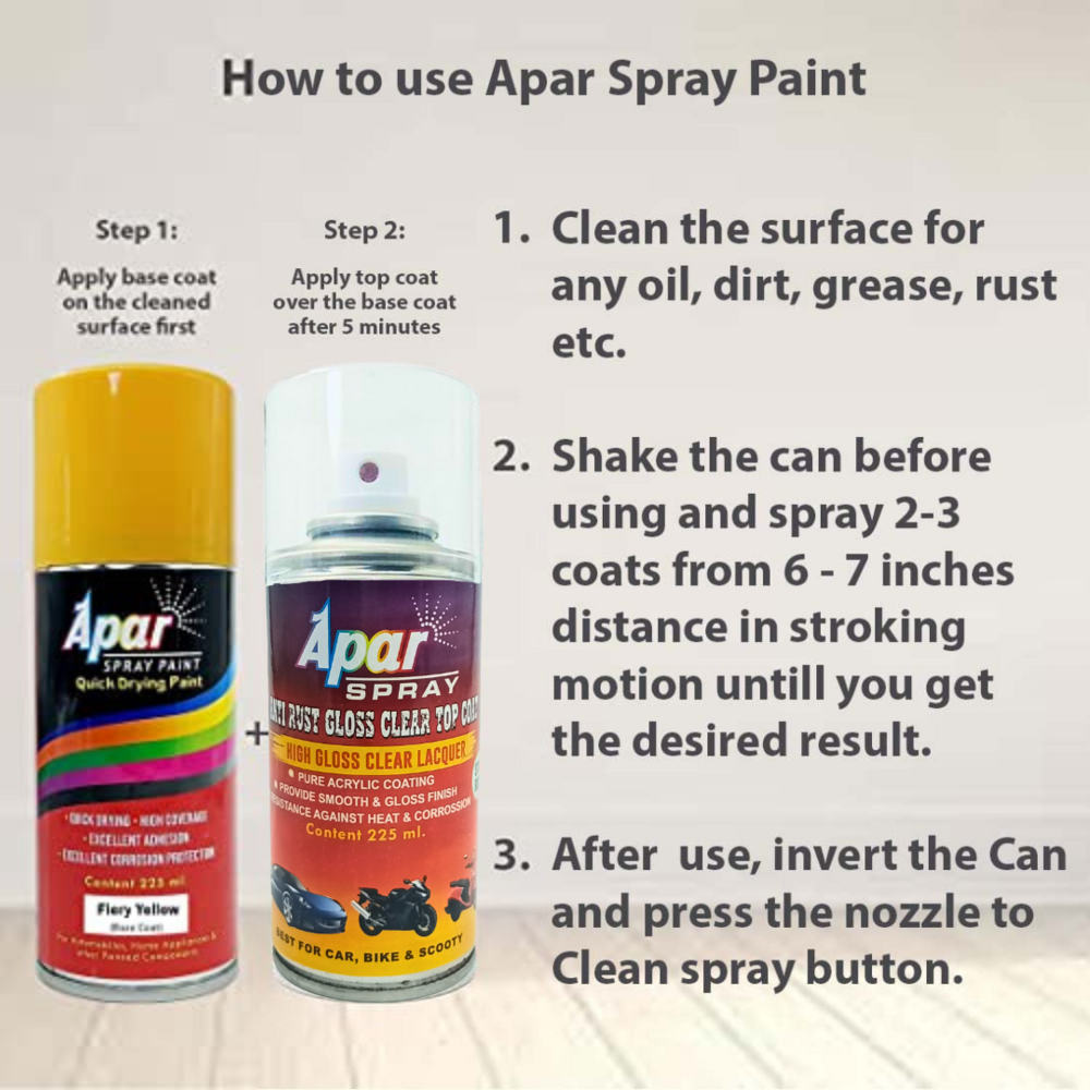 Apar Spray Paint - Super Quality Polyurethane System | Fiery Yellow Base Coat & Gloss Clear Top Coat, Fast-drying, Corrosion Resistant, Excellent Coverage For Maruti Suzuki Automotive Vehicles