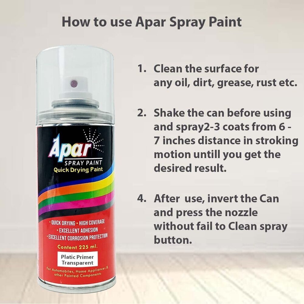 Apar Spray Paint Plastic Primer - 225 Ml, Transparent Finish For Enhanced Adhesion On Various Plastics, Fast-drying Special Polymer Formulation