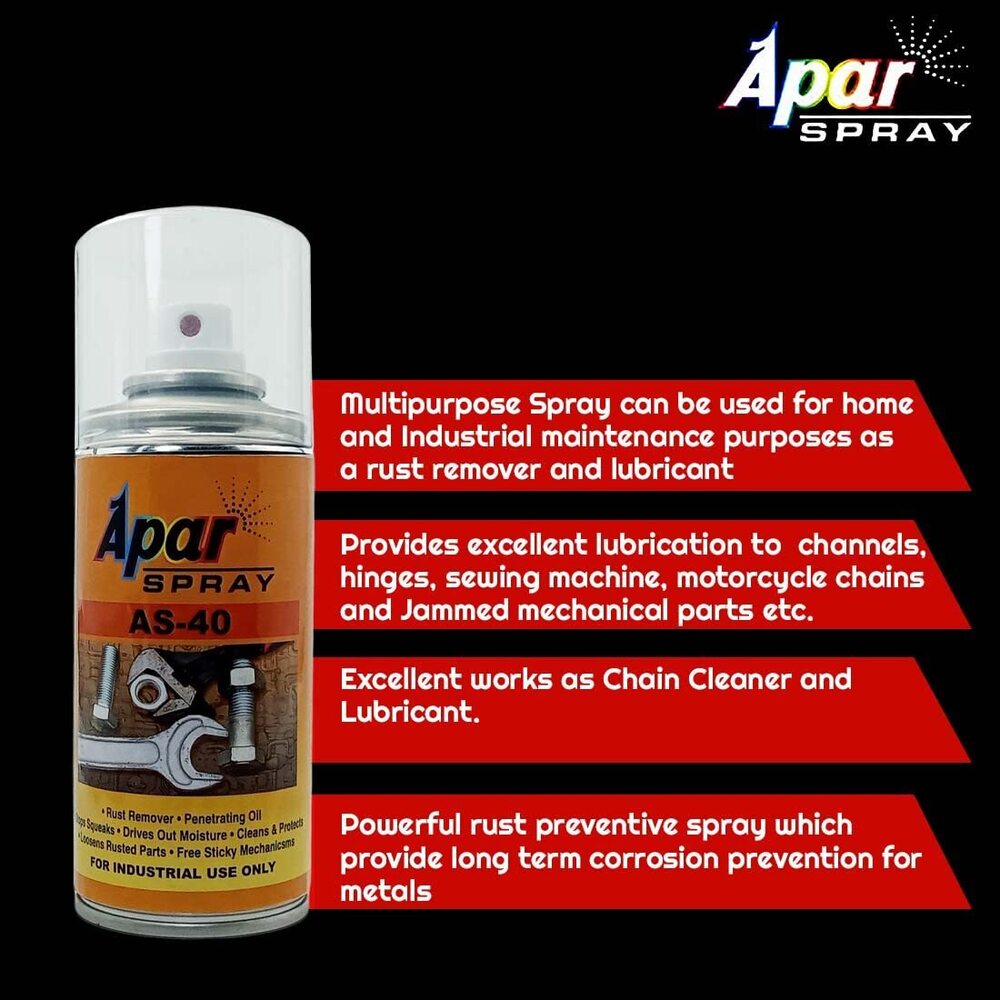 Apar Spray As-40 Rust Remover And Penetrating Oil - 150 Ml, //Maintenance Lubricant, Rust And Stain Remover.