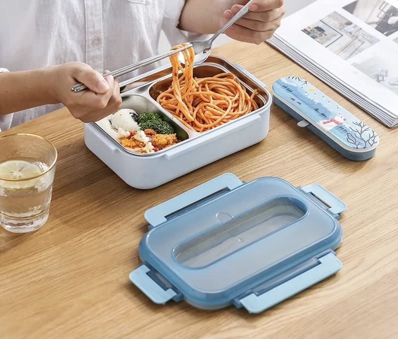 CherryBox Stainless Steel Cartoon Printed Kids Insulated Lunch Box with Cutlery Storage Box with Spoon and Chopsticks 1250 ML for Kids