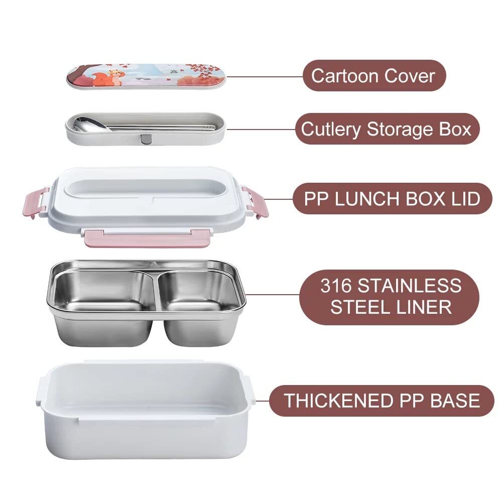 CherryBox Stainless Steel Cartoon Printed Kids Insulated Lunch Box with Cutlery Storage Box with Spoon and Chopsticks 1250 ML for Kids