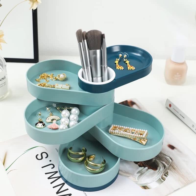 Cherrybox Rotatable Jewellery Organiser - Plastic, Standard Size, Green/blue | 5 Layer Rotatable Storage Case For Earrings, Rings, Studs, 360â° Portable With Anti-slip Base