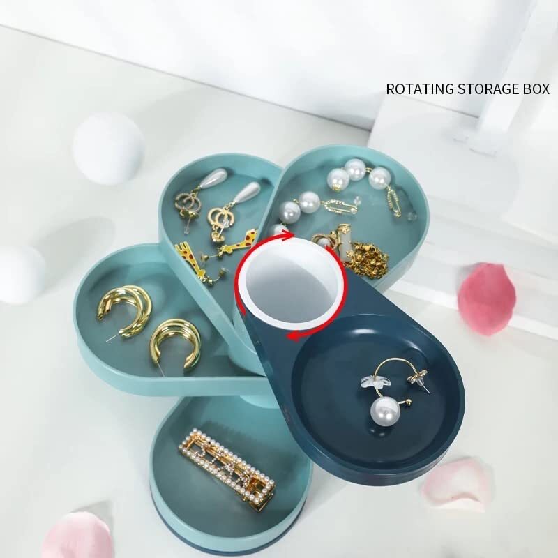 Cherrybox Rotatable Jewellery Organiser - Plastic, Standard Size, Green/blue | 5 Layer Rotatable Storage Case For Earrings, Rings, Studs, 360â° Portable With Anti-slip Base