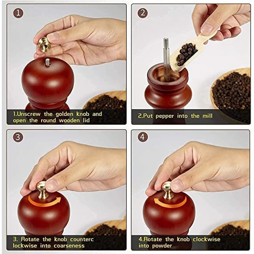 Wooden Pepper Mill - Wooden Material, 22x6x6 Cm Size | Refillable Salt Grinder With Adjustable Ceramic Rotor, Easy To Use And Clean