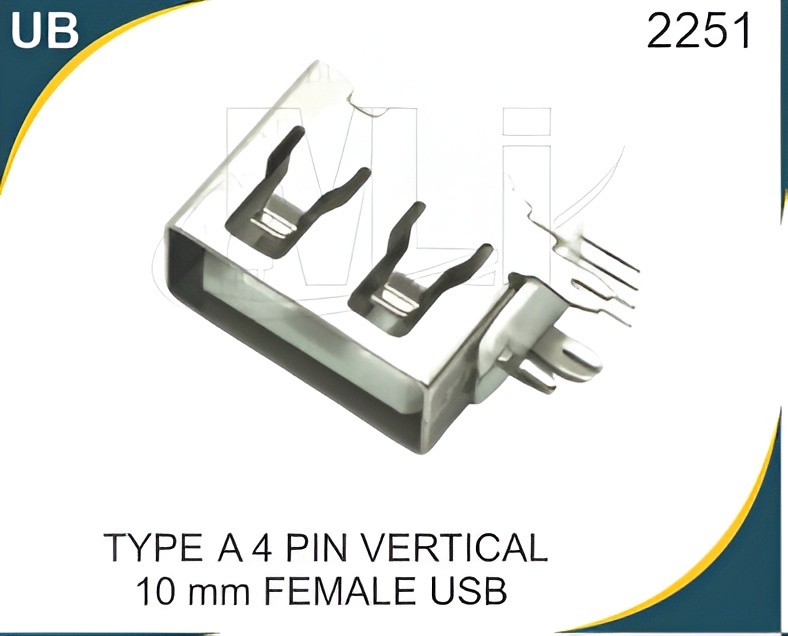 TYPE-A 4 PIN VERTICAL 10 MM FEMALE USB - 0.5A, Data Transfer for Peripherals and Charging, Compatible with Power Delivery Standards