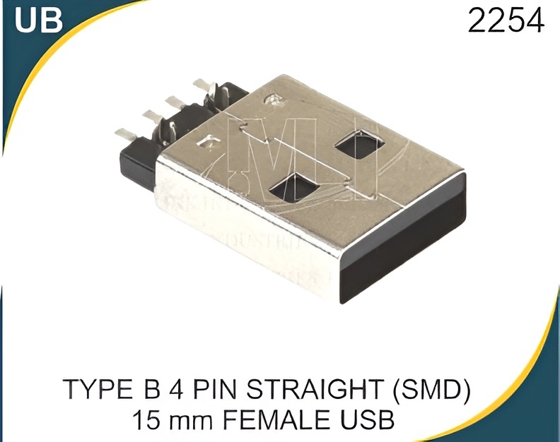 TYPE-B 4 PIN STRAIGHT (SMD) 15 MM FEMALE USB - Metal, Silver, 1 Socket With Shutter, Supports 3.3V, 5V, 9V, 12V DC Voltage Supply, Positive & Negative Terminals