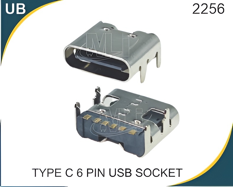 TYPE C6 PIN USB SOCKET - Metal, 6 Pin Female USB Type-C Connector for SMT Applications | Space-Saving, Reversible Interface, Supports Multiple Protocols