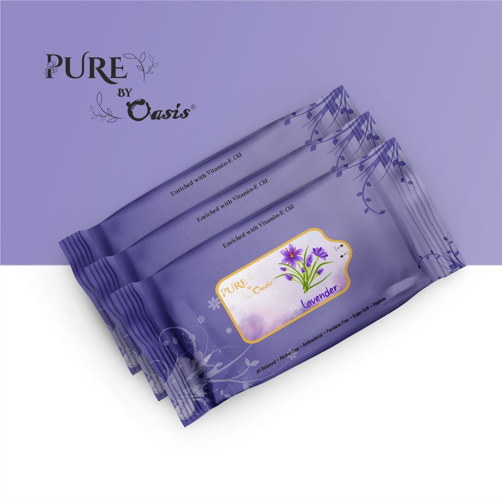 25 Pulls Packs Pure By Oasis Natural Lavender Wipes,  Enriched With Vitamin-E Oil