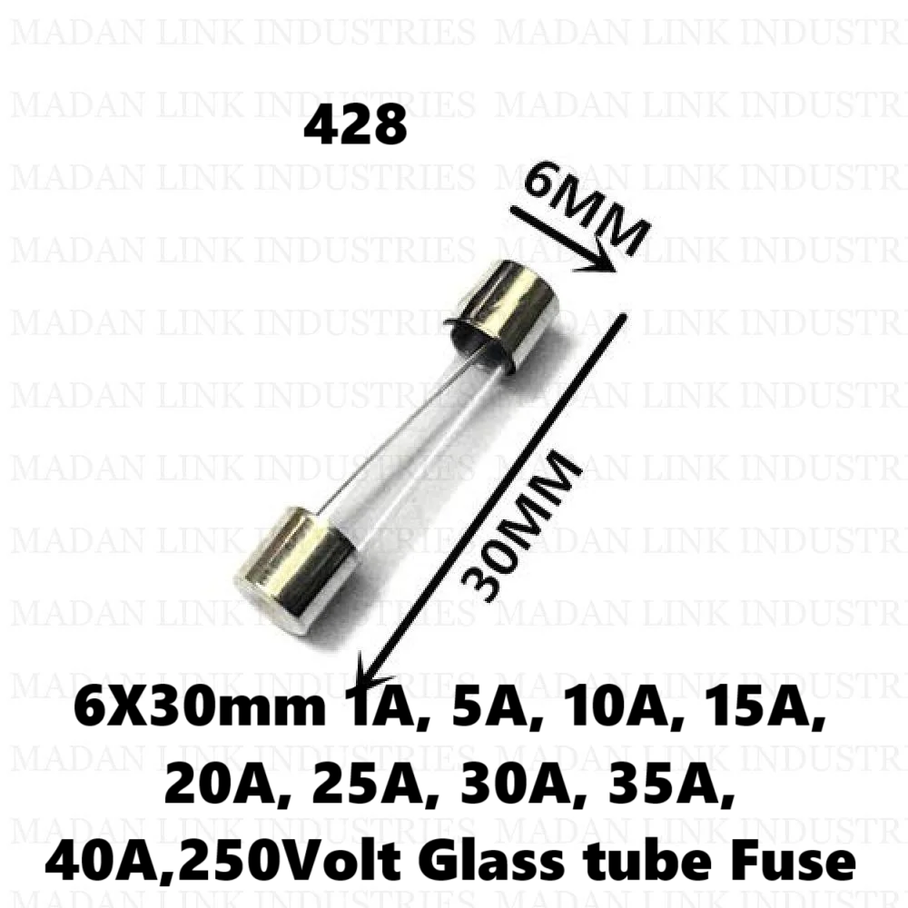 6X30mm 1A, 5A, 10A, 15A, 20A, 25A, 30A, 35A, 40A,250Volt  Glass tube Fuse