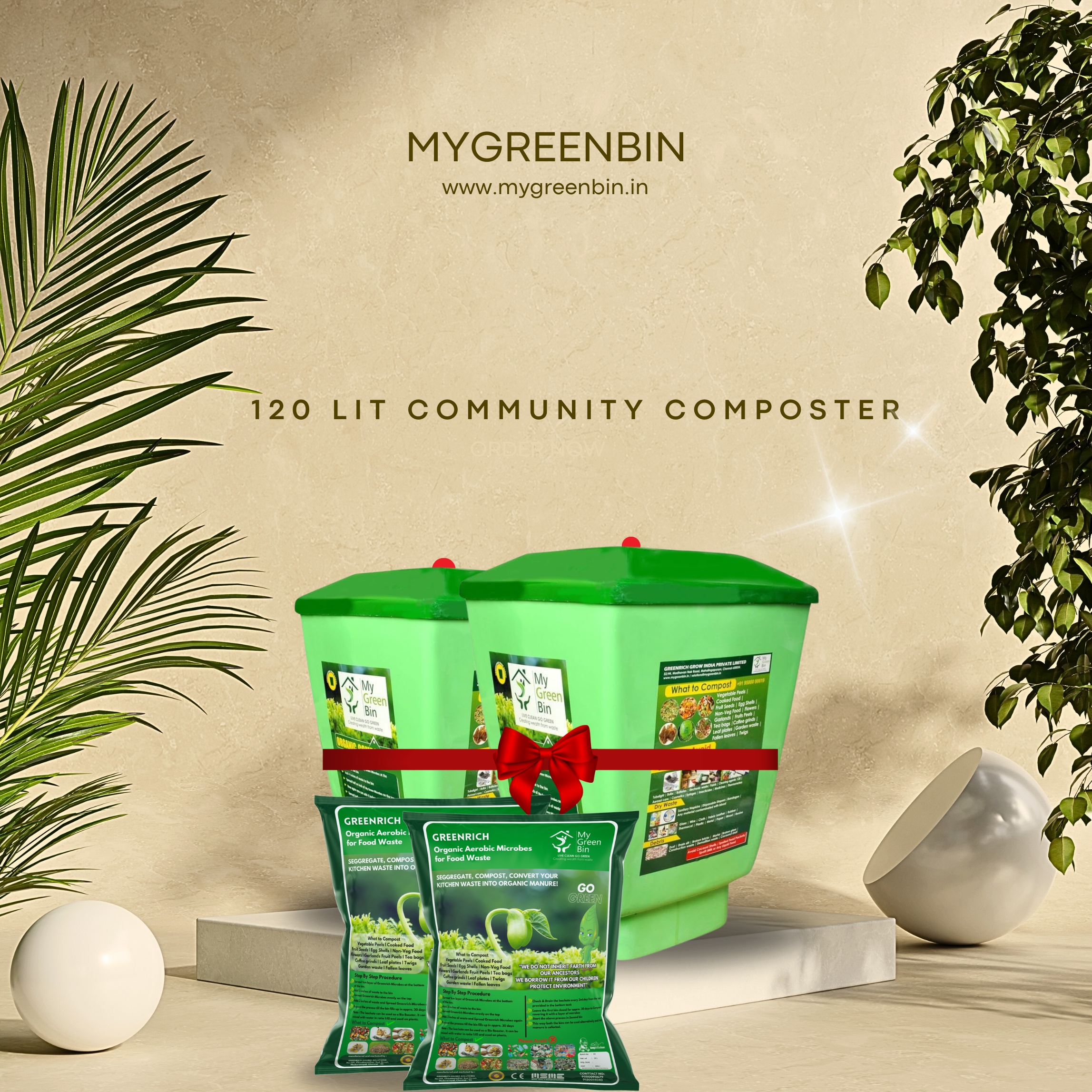 50 Ltrs Bio Compost Bin Grc 50 Frp 1 Set With 10 Ltr Microbes - Color: Green