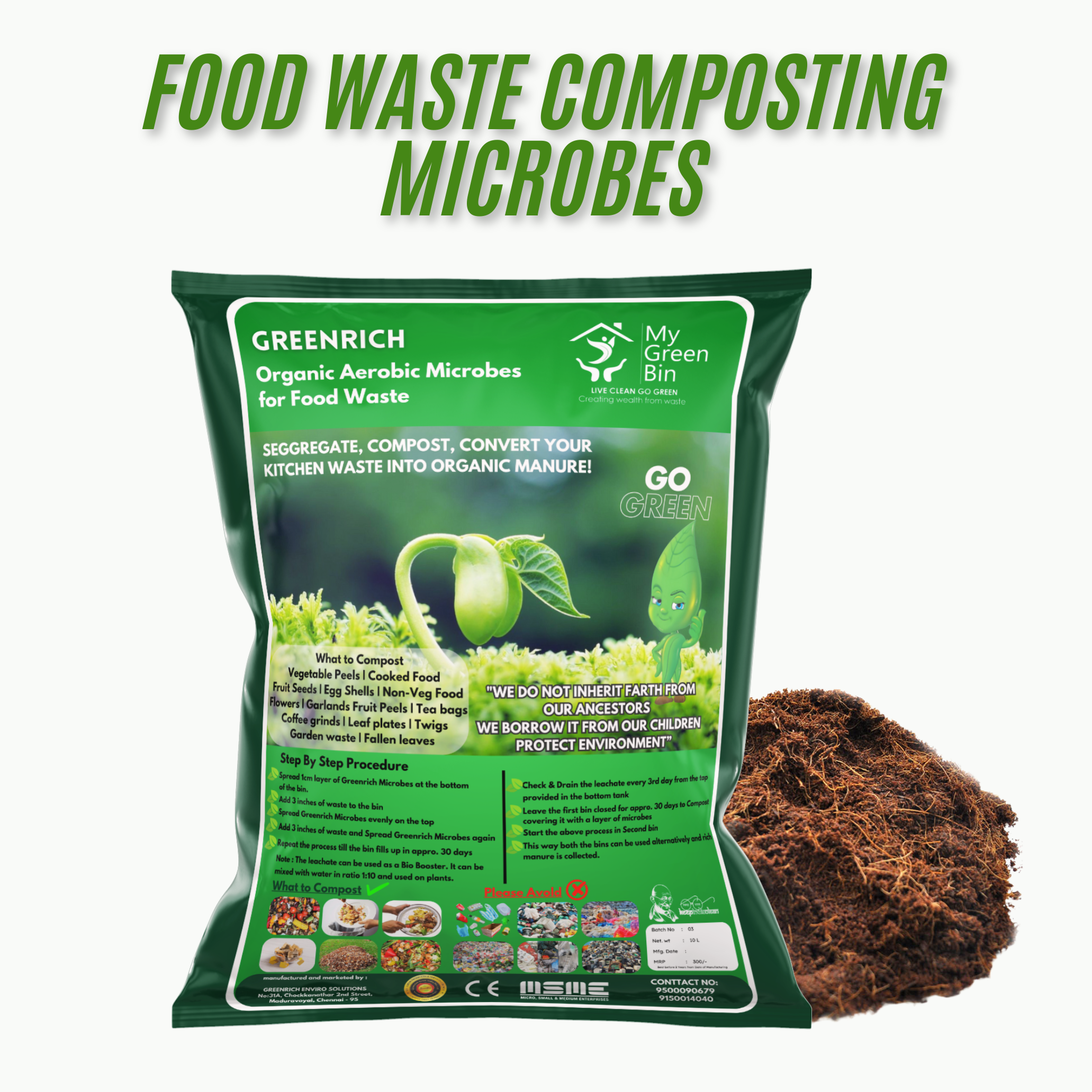 50 Ltrs Bio Compost Bin Grc 50 Frp 1 Set With 10 Ltr Microbes - Color: Green