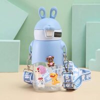 Cherrybox Silicon Top Cute Rabbit Water Bottle With Sipper, Bpa Free - 600ml Capacity, Round Design In Pink And Blue, Anti-leak With Straw & 3d Stickers