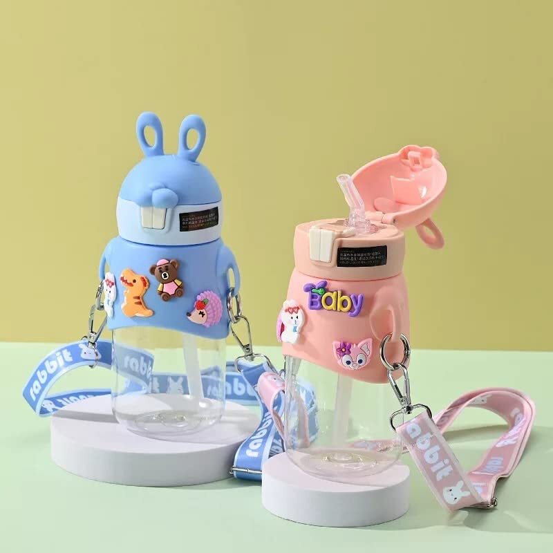 Cherrybox Silicon Top Cute Rabbit Water Bottle With Sipper, Bpa Free - 600ml Capacity, Round Design In Pink And Blue, Anti-leak With Straw & 3d Stickers