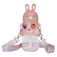 CherryBox Silicon Top Cute Rabbit Water Bottle With Sipper, Bpa Free Bottle -Anti-Leak Cute Design With Straw For Kids (Includes Random 3D Stickers) 600milliliters