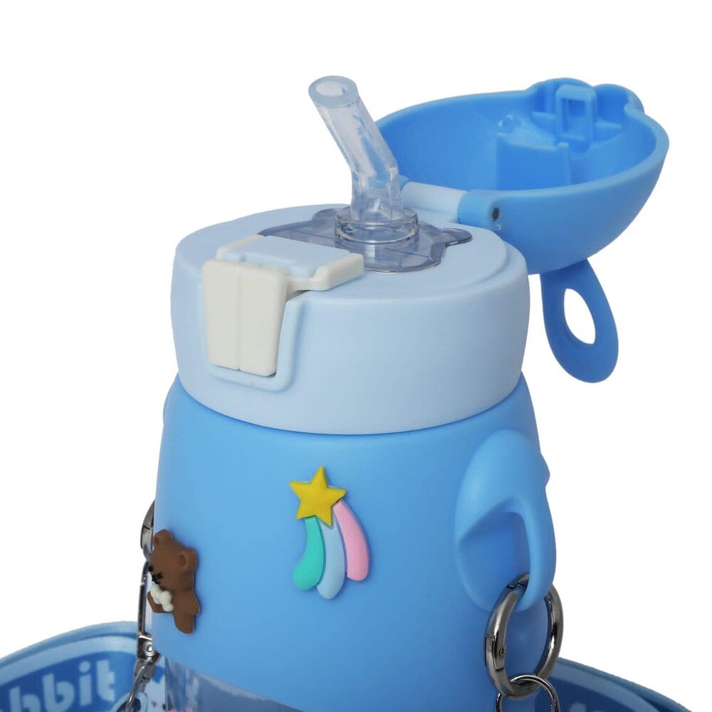 CherryBox Silicon Top Cute Rabbit Water Bottle With Sipper, Bpa Free Bottle -Anti-Leak Cute Design With Straw For Kids (Includes Random 3D Stickers) 600milliliters