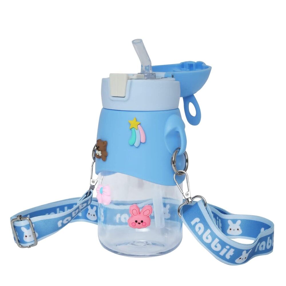 CherryBox Silicon Top Cute Rabbit Water Bottle With Sipper, Bpa Free Bottle -Anti-Leak Cute Design With Straw For Kids (Includes Random 3D Stickers) 600milliliters