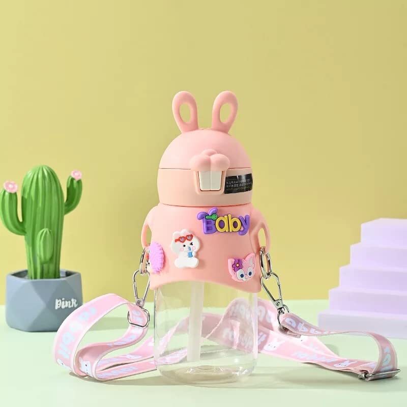 Cherrybox Silicon Top Cute Rabbit Water Bottle With Sipper, Bpa Free - 600ml Capacity, Round Design In Pink And Blue, Anti-leak With Straw & 3d Stickers