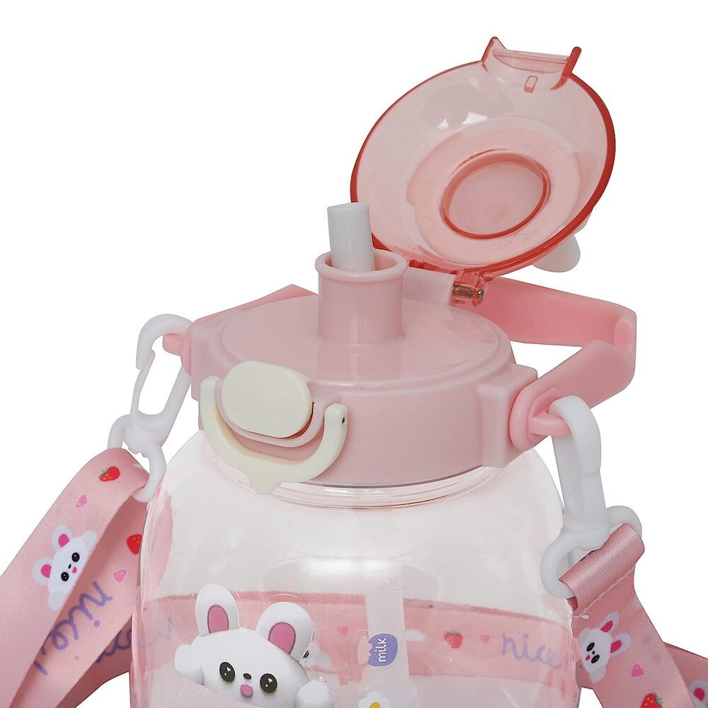 CherryBox Cute BPA Free Large Capacity Plastic Cool Water Bottle with Pop-up Lip and Shoulder Strap with DIY Stickers