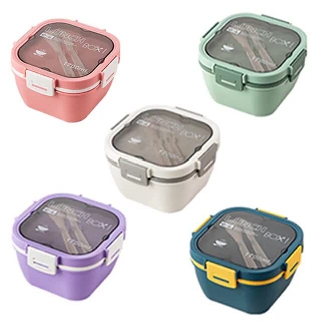 Cherrybox Tiffin/Lunch Box Airtight Leakproof Double Layer 4 Compartment With Sauce Container Along With Spoon And Butter Knife 1700 Ml For Kids And Adults - Color: Multi Color