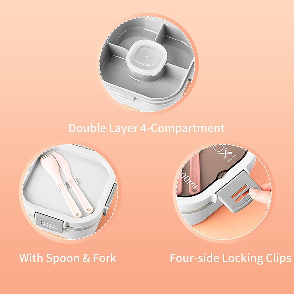 Cherrybox Tiffin/lunch Box Airtight Leakproof Double Layer 4 Compartment With Sauce Container Along With Spoon And Butter Knife 1700 Ml For Kids And Adults - Color: Multi Color