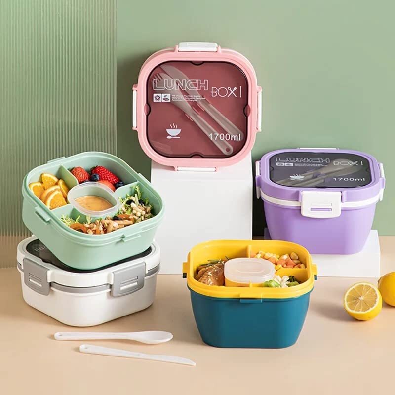 Cherrybox Tiffin/lunch Box Airtight Leakproof Double Layer 4 Compartment With Sauce Container Along With Spoon And Butter Knife 1700 Ml For Kids And Adults - Color: Multi Color