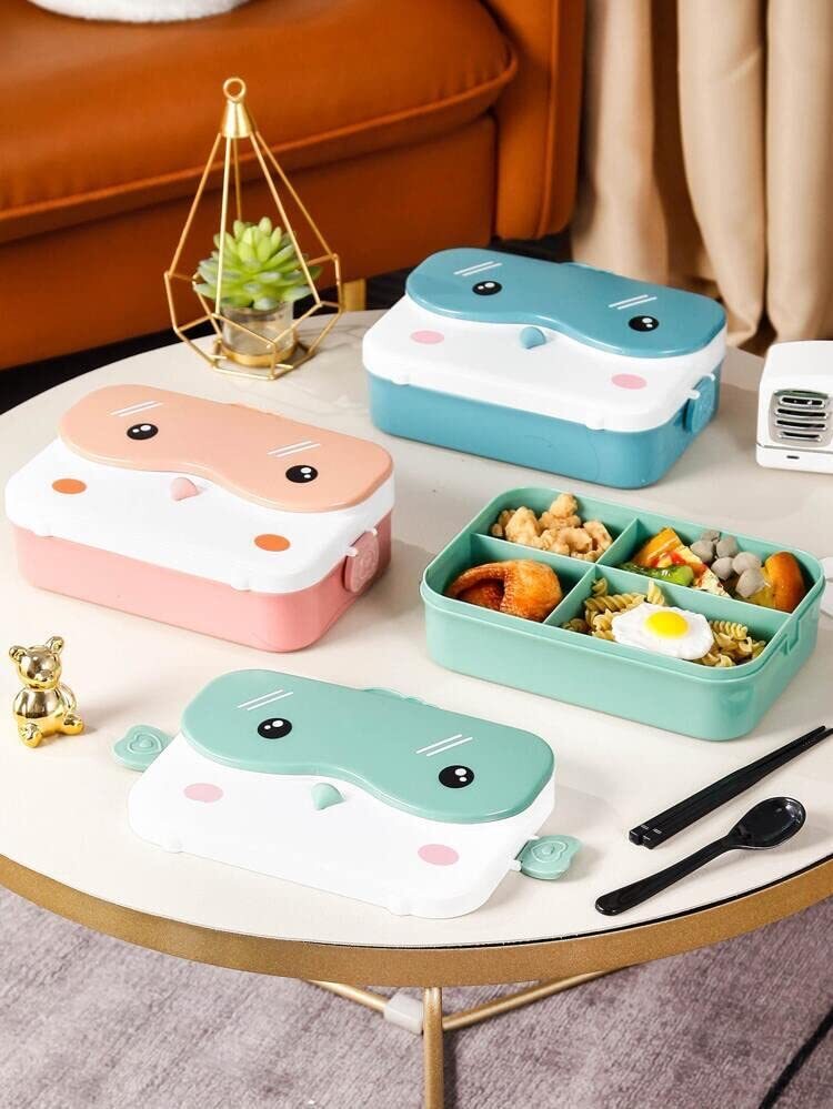 CherryBox 4 Compartment Plastic Lunch Box with Leak Proof Lid Along with Cutlery Storage on top Cute Bird Design (Plastic Spoon, Fork and Chopsticks Included)