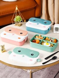 CherryBox 4 Compartment Plastic Lunch Box with Leak Proof Lid Along with Cutlery Storage on top Cute Bird Design (Plastic Spoon, Fork and Chopsticks Included)