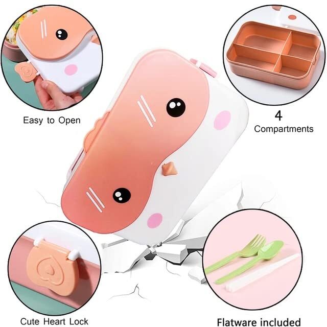 CherryBox 4 Compartment Plastic Lunch Box with Leak Proof Lid Along with Cutlery Storage on top Cute Bird Design (Plastic Spoon, Fork and Chopsticks Included)