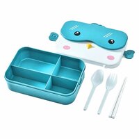 CherryBox 4 Compartment Plastic Lunch Box with Leak Proof Lid Along with Cutlery Storage on top Cute Bird Design (Plastic Spoon, Fork and Chopsticks Included)