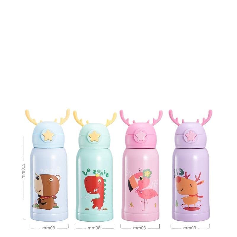 Cherrybox Deer  Cap - Sipper Water Bottle - Stainless Steel Flask 500 Ml Bottle With Double Wall Flask With Straw Insulated - Color: Multi Color