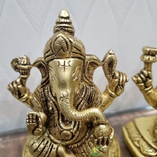 Brass Lakshmi Ganesha Set| Hindu God Idol Brass Laxmi Ganesh Set| Ganesh Laxmi Statue| Diwali Puja God| Laxmi Ganesh Murti For Decor| (Yellow Antique)