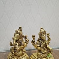 Brass Lakshmi Ganesha Set| Hindu God Idol Brass Laxmi Ganesh Set| Ganesh Laxmi Statue| Diwali Puja God| Laxmi Ganesh Murti For Decor| (Yellow Antique)