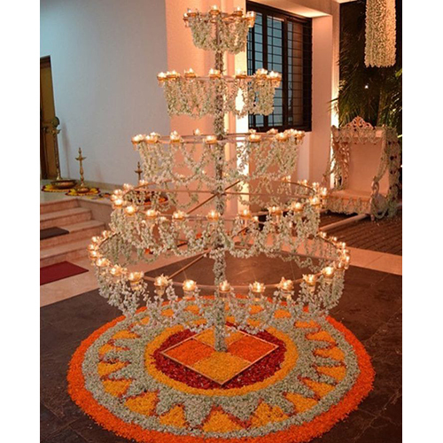 Diya Stand - Brass, 5 Feet Tall, Glossy Gold Multi-Tier Structure | Handcrafted Traditional Design for Festive Temple, Home, and Event Decoration