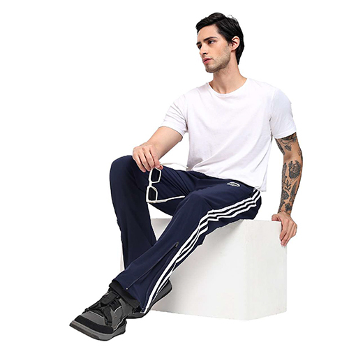 Mens Dark Grey Track Pants with Triple White Stripes and Adjustable Zippered Bottom Transfit Activewear