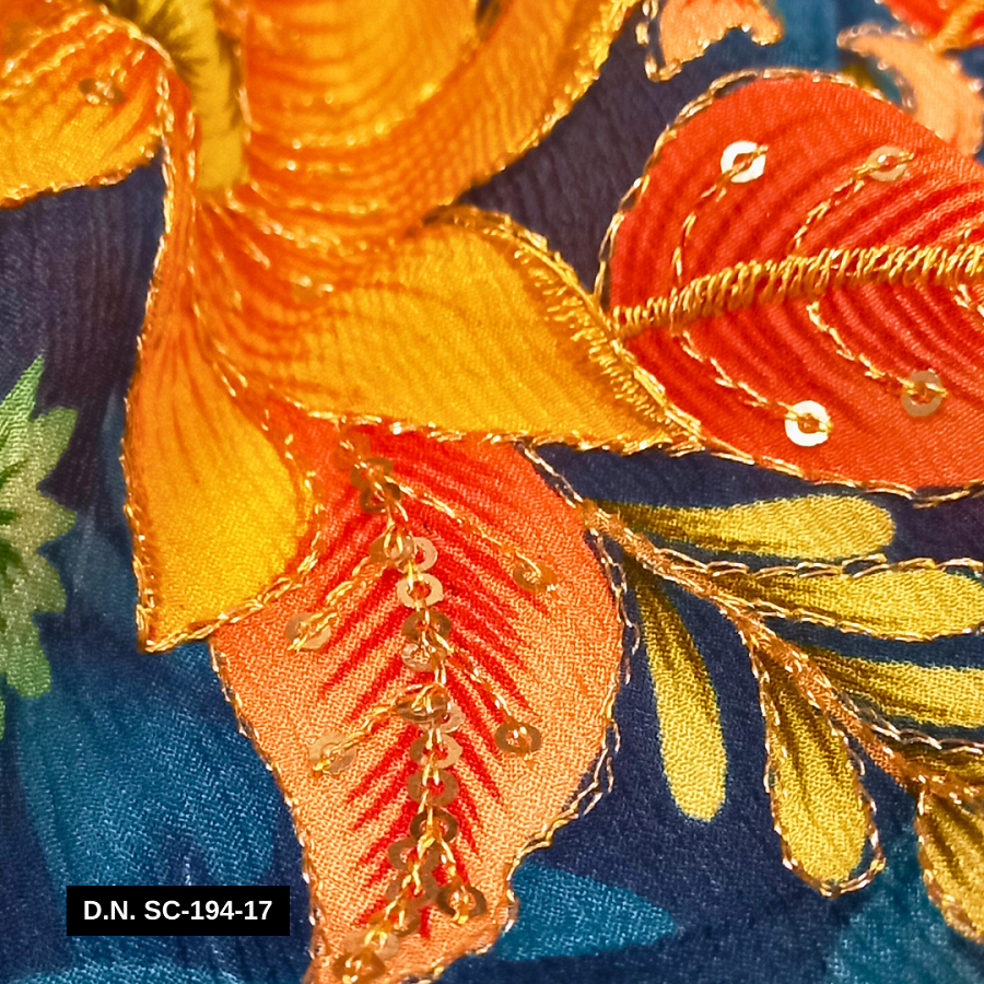 Dark Gray Position Print Chinon Fabric With Multicolor Sequin Embroidery A Perfect For Elegant Apparel