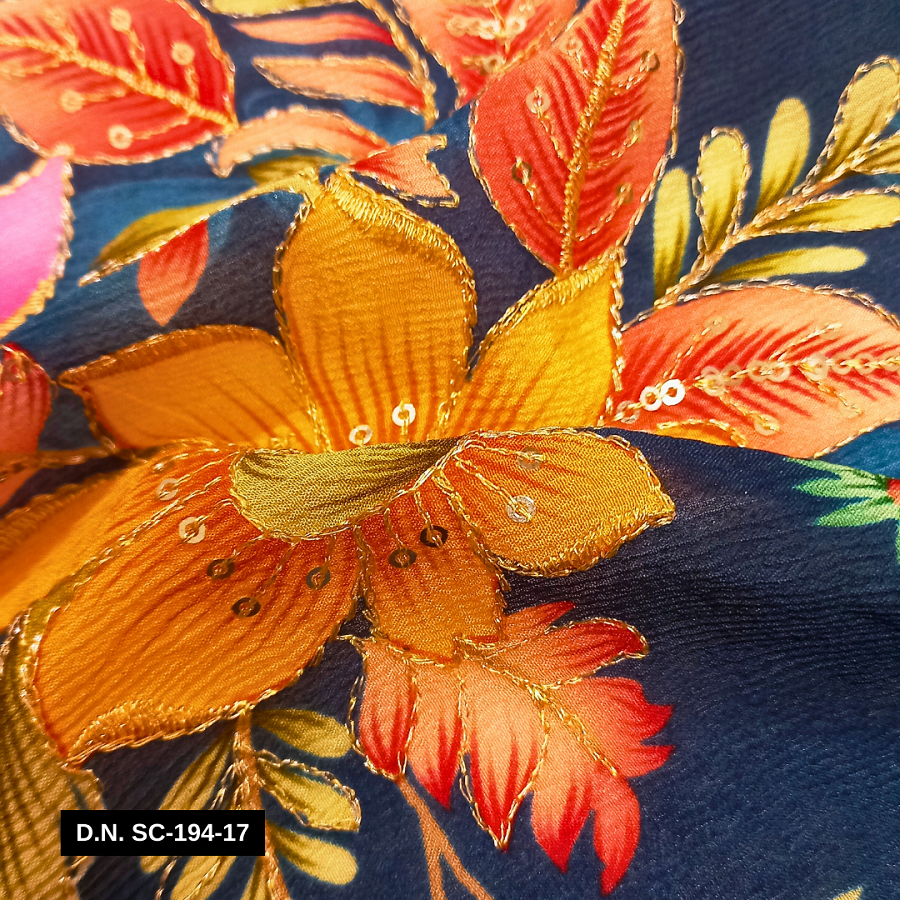 Dark Gray Position Print Chinon Fabric With Multicolor Sequin Embroidery A Perfect For Elegant Apparel
